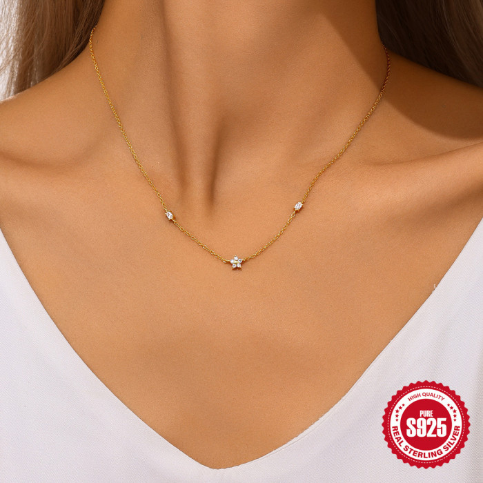 S925 Sterling Silver Exquisite Dazzling Five-Petal Flower Star Layered Collarbone Chain European and American Cross-Border Hot-Selling Diamond-Encrusted High-End Necklace