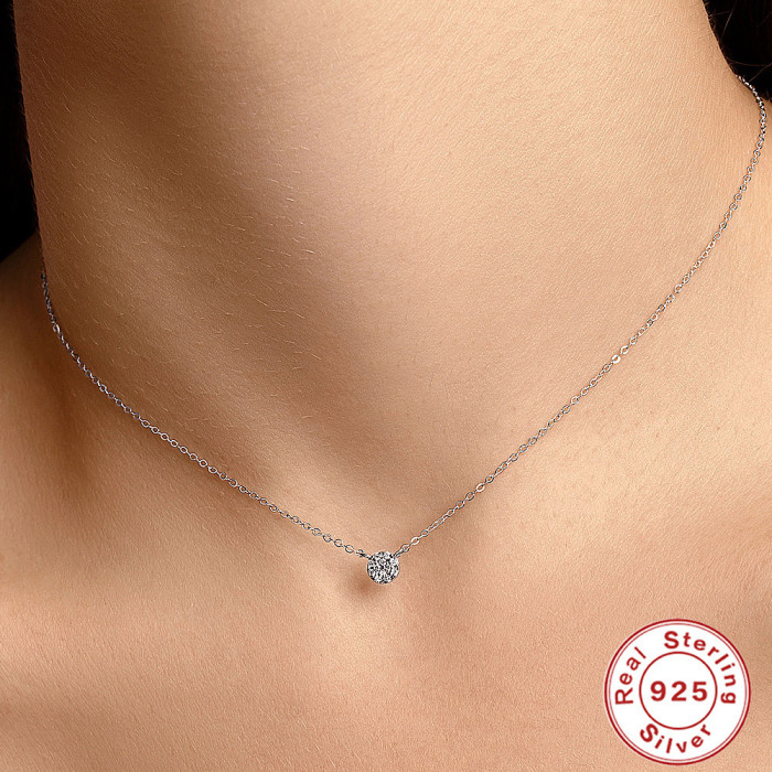 S925 Sterling Silver Classic Versatile Round Pendant Diamond-Studded Collarbone Necklace European and American Hot-Selling Fashion Simple Ins Style Collarbone Chain