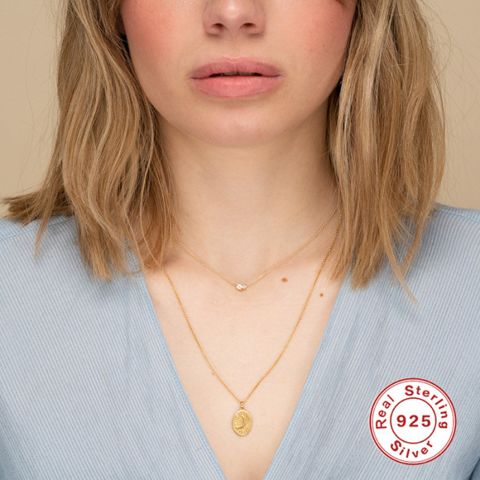 S925 Sterling Silver Star Chart Moon Light Retro Roman Style Collarbone Necklace Metallic Niche Simple Daily Jewelry