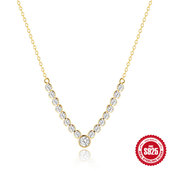 New S925 Sterling Silver Single Row Diamond-Studded Round Collarbone Chain European and American Bestselling Classic Elegant Versatile High-End Necklace