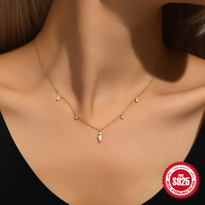 925 Sterling Silver INS Style Horse Eye Stone-Inlaid Geometric Tassel Necklace French Style Super Shiny Elegant Ver...