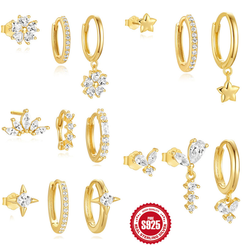 S925 Sterling Silver Heart Zircon Petal Earrings Hoop Earrings Set European and American Hot-Selling Classic Five-Pointed Star Earrings for Women