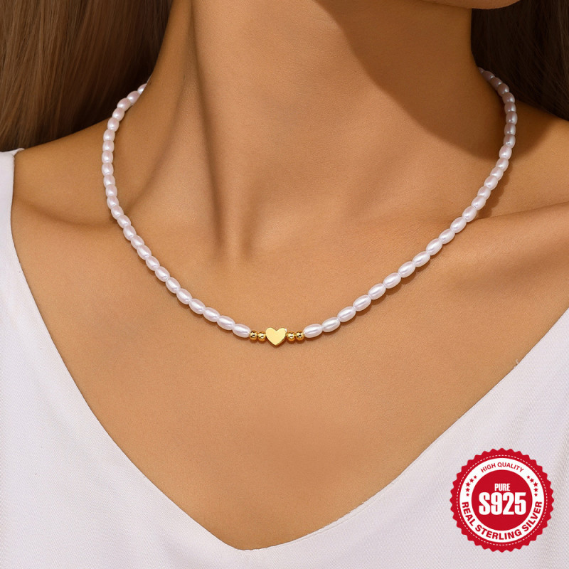 S925 Sterling Silver French Style Small Pearl Heart Bracelet Necklace Jewelry Set European and American Style Elegant High-end Accessories for Women