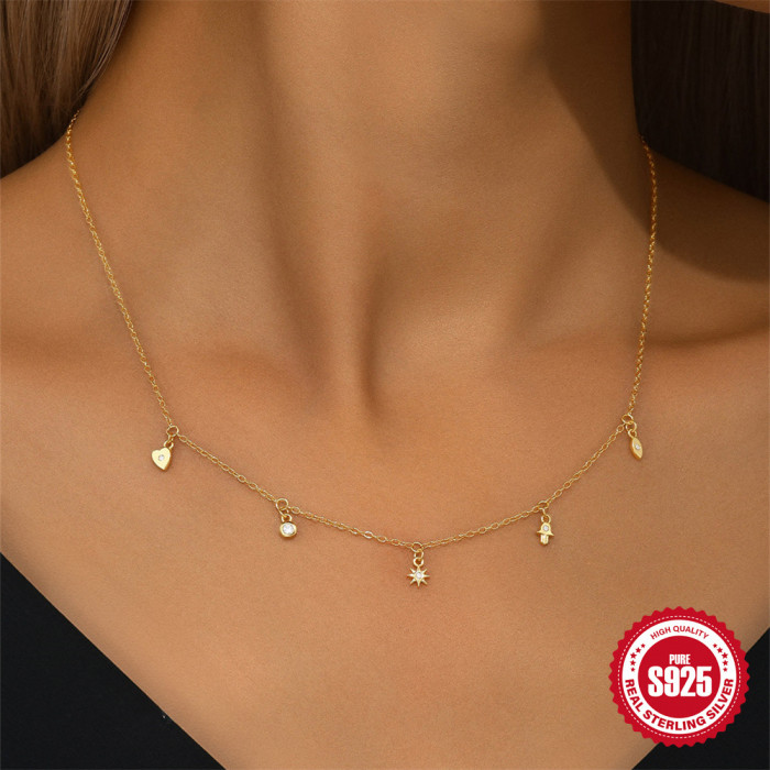 S925 Sterling Silver Geometric Octagonal Star Layered Stone-Studded Collarbone Necklace Hot-Selling Classic Devil's...