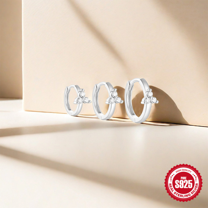 S925 Sterling Silver INS Style Classic Petal Triple Stone-Inlaid Multi-size Hoop Earrings Set Hot-selling Earrings,...