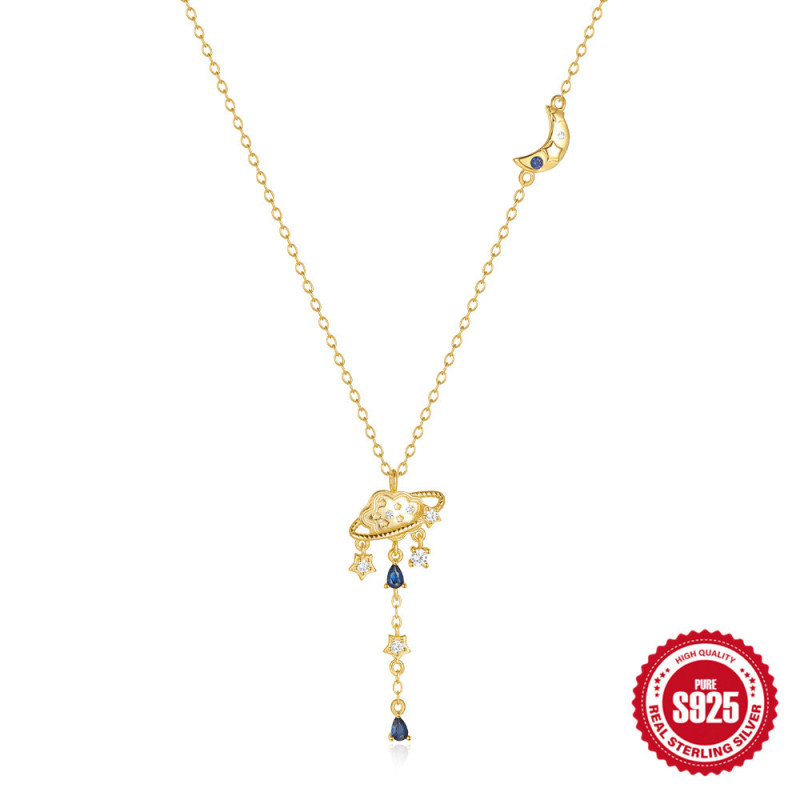 925 Sterling Silver Creative Sun Moon Star Necklace Korean Version Niche Cloud Planet Pendant Water Drop Tassel Ins Collarbone Chain