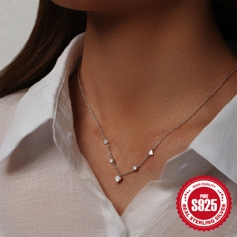 New 925 Sterling Silver Trendy Summer Heart Tassel Versatile Collarbone Chain Necklace European and American Hot Selling Diamond-Studded Elegant Accessory for Women