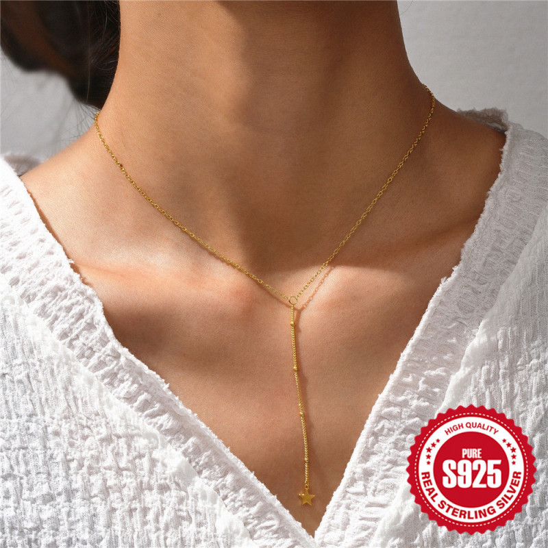New 925 Sterling Silver Minimalist Round Bead Long Tassel Pentagram Necklace INS Style Light Luxury Niche Design Clavicle Chain