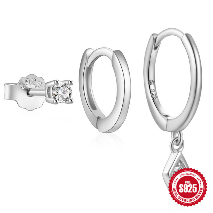 Hot Selling 925 Sterling Silver Daily Elegant Matching Stone-Studded Hoop Earrings Set Smooth Minimalist Ear Cuffs,...
