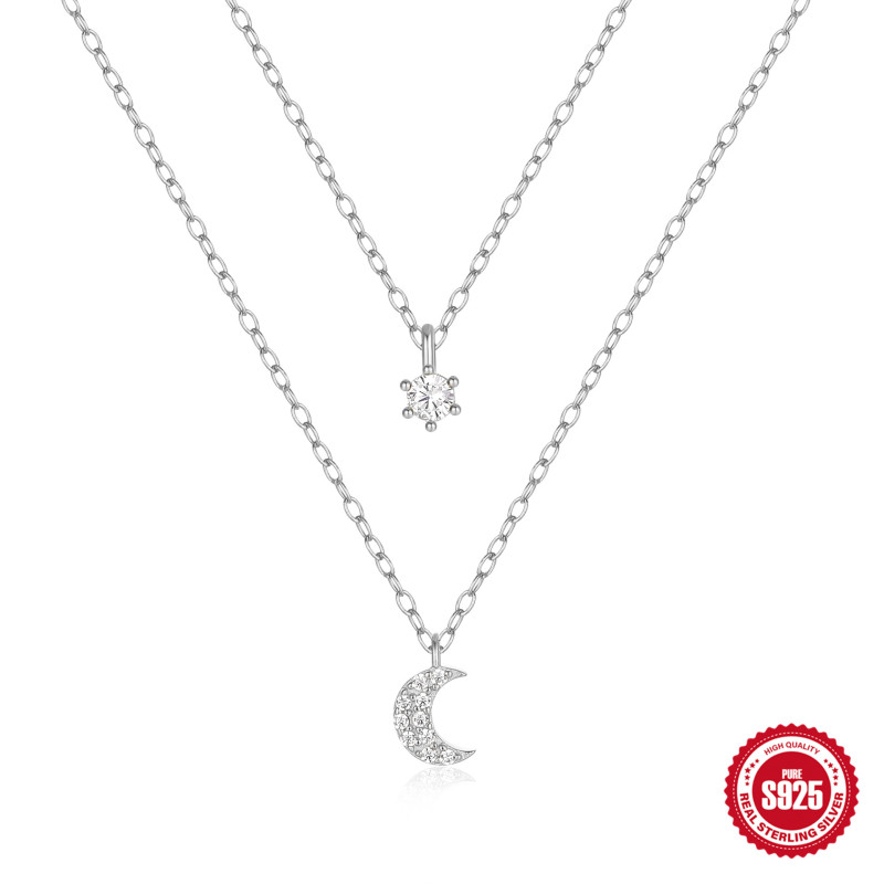 S925 Sterling Silver Double Layer Stacked Diamond Moon Necklace European and American Fashion Trendy Ins Style Zircon Collarbone Chain Jewelry