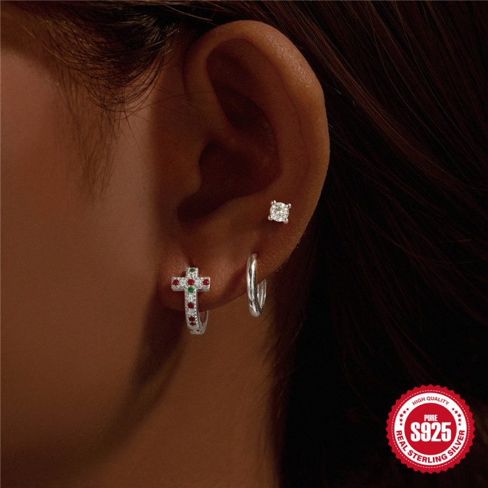 925 Sterling Silver INS Color Stone Cross Combination Small Earrings Hoop Set European American French Style Elegan...