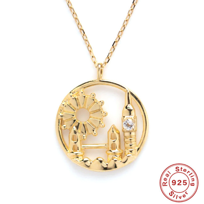 S925 Sterling Silver Personalized Creative City Pendant Necklace for Women Collarbone Necklace European and American French Style Inlaid Diamond Elegant Necklace