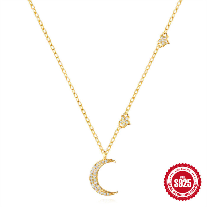 S925 Sterling Silver Classic Moon Pentagram Inlaid Diamond Collarbone Chain Korean Version Niche Design High-end Versatile Necklace for Women