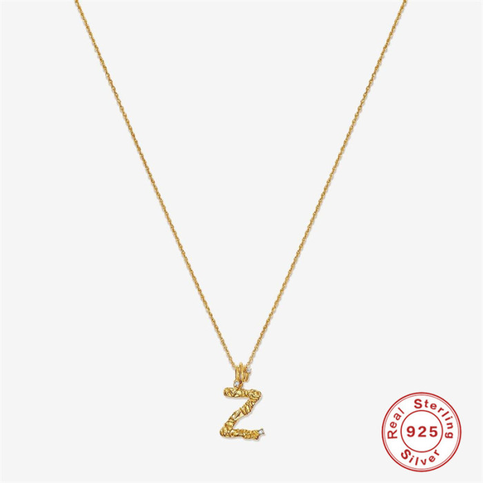 S925 Sterling Silver Irregular Texture 26 Letter Stone-Inlaid Initial Collarbone Necklace French Retro Necklace