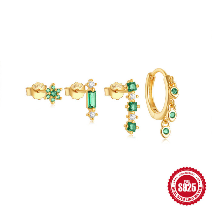 New S925 Sterling Silver Classic Square Green Zircon Tassel Geometric Versatile Earring Set Hot-Selling Earrings, Jew...