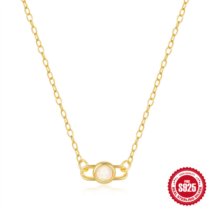 S925 Sterling Silver Paperclip Opal Pendant Necklace Korean and Japanese Style Elegant Niche High-end Neck Chain Casual Daily Jewelry