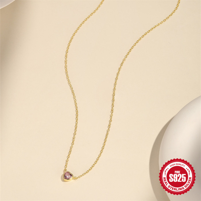S925 Sterling Silver Light Luxury Heart Pink Diamond Sparkling Collarbone Chain Japanese and Korean Niche Design INS Minimalist Versatile Necklace