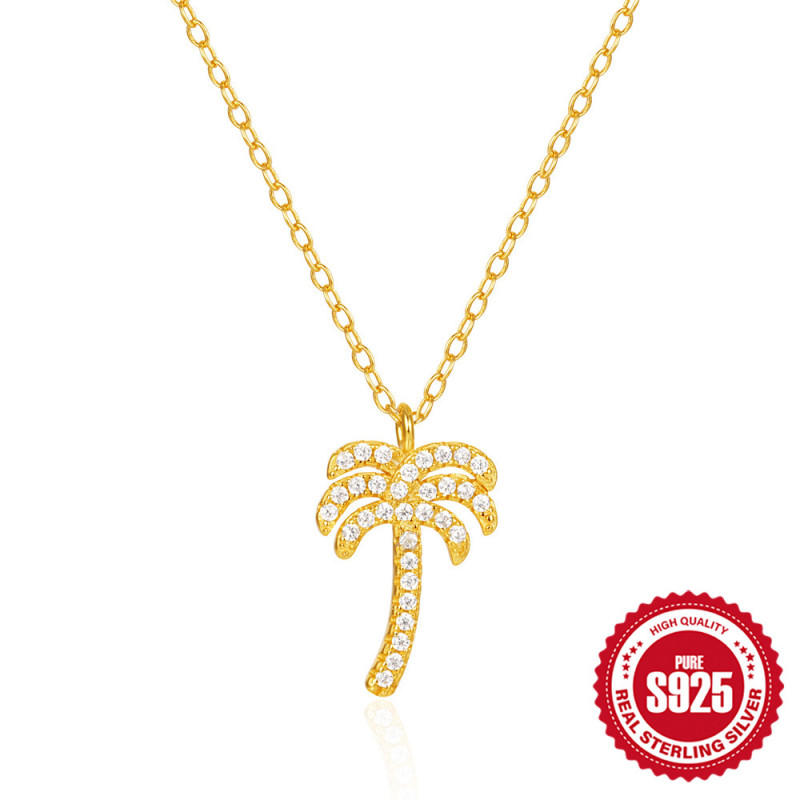S925 Sterling Silver Creative Coconut Tree Inlaid Diamond Pendant Necklace European and American Cross-Border Hot Selling Light Luxury Design Versatile Collarbone Chain