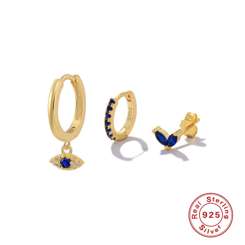 S925 Sterling Silver Devil's Eye Earrings Blue Diamond Hoop Earrings Stud Combination Set European and American Style K Gold Plated Earrings