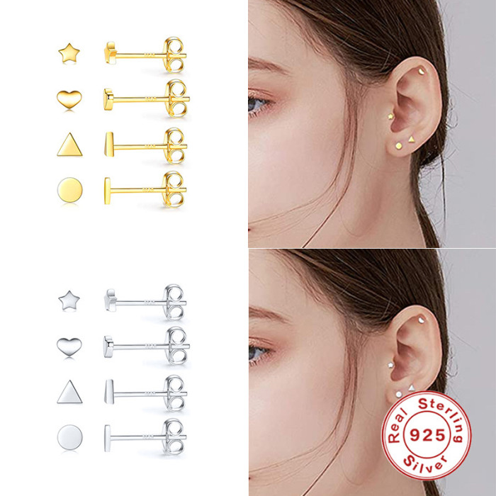 S925 Sterling Silver INS Personality Mini Smooth Geometric Earrings Star Heart Triangle Round Set of 4 Small Earrings...