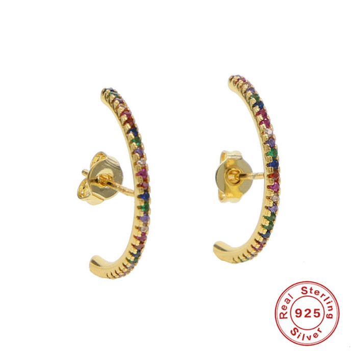 Original S925 Sterling Silver Earrings Simple Single Row Inlaid with Colored Stones Trendy INS Earrings Ear Clips E...