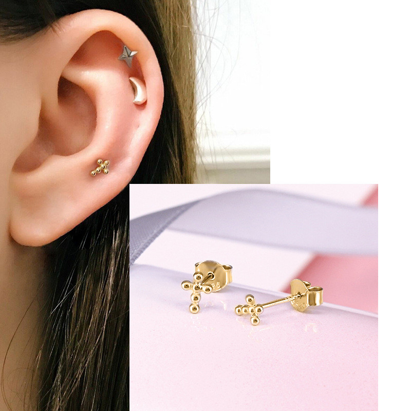 S925 Sterling Silver Cross Bead Stud Earrings Japanese and Korean Fashion Simple INS Style Versatile Student Earrings Cross-Border Hot Item