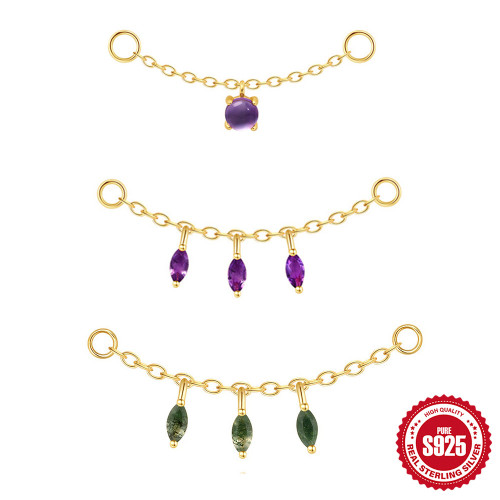 S925 Sterling Silver Natural Amethyst Aquatic Agate Tassel Pendant Earrings Accessories European and American Hot-Selling Personalized Earrings