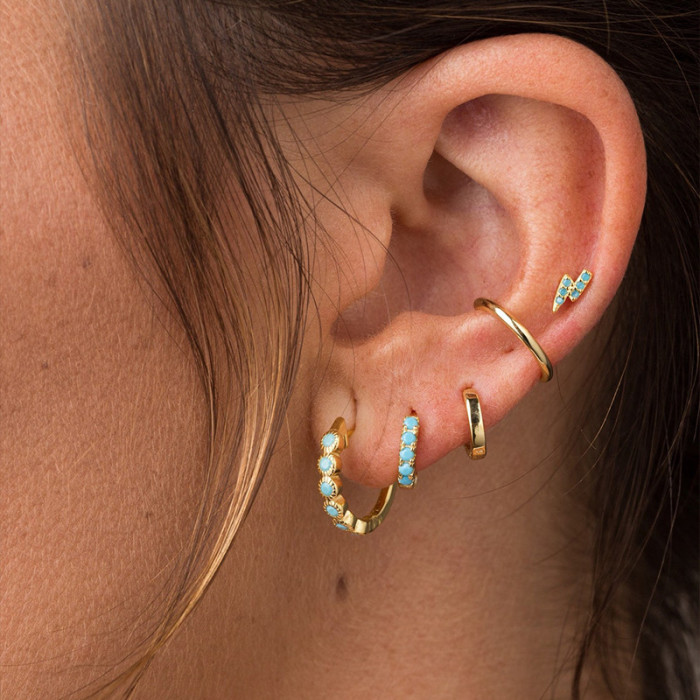 S925 Sterling Silver Turquoise Hoop Earrings Non-Pierced Ear Clips Lightning Stud Earrings Hot-Selling French Style E...