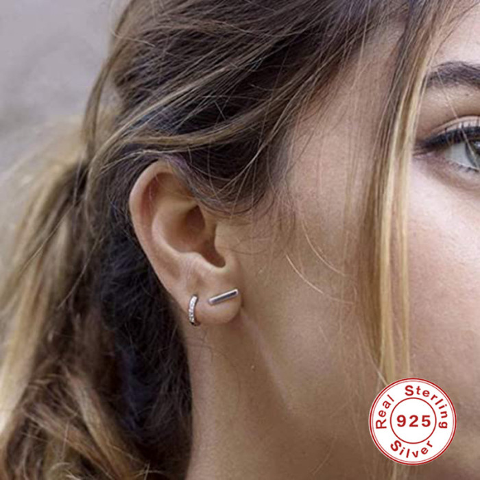 S925 Sterling Silver Mini Smooth Geometric Stud Earrings Square Triangle Round Set Small Earrings Japanese and Korean...