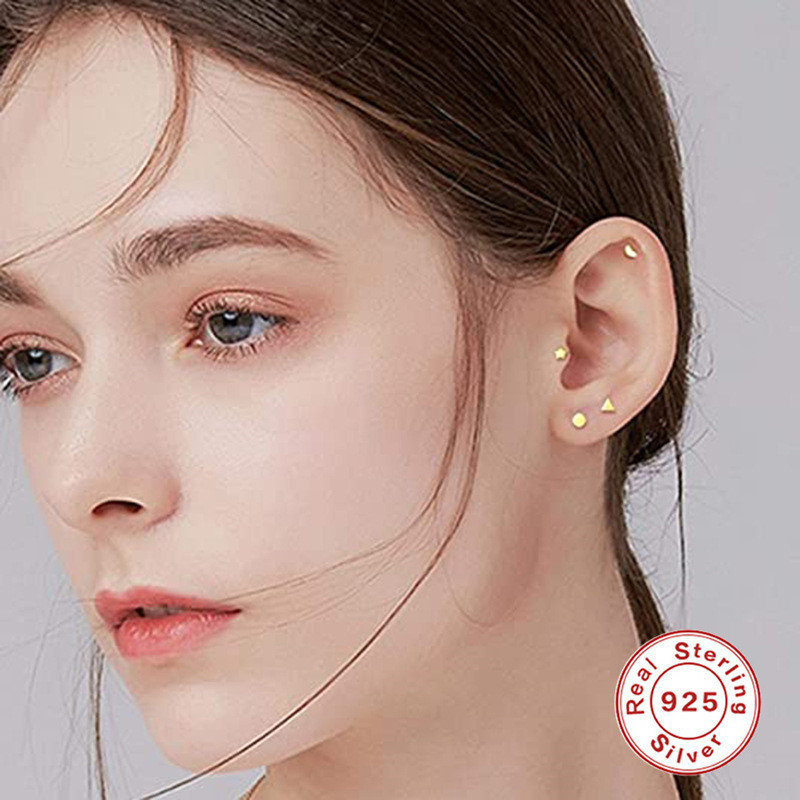 S925 Sterling Silver INS Personality Mini Smooth Geometric Earrings Star Heart Triangle Round Set of 4 Small Earrings