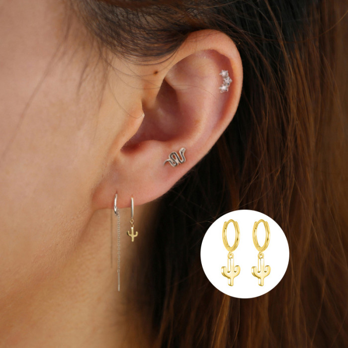 New S925 Sterling Silver Cactus Versatile Hoop Earrings Light Luxury Personality Simple Fashion Earrings Jewelry