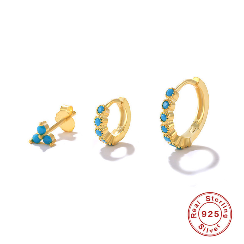 S925 Sterling Silver Turquoise Hoop Earrings Triangle Stud Earrings Set TikTok Trend Exquisite Earrings for Women