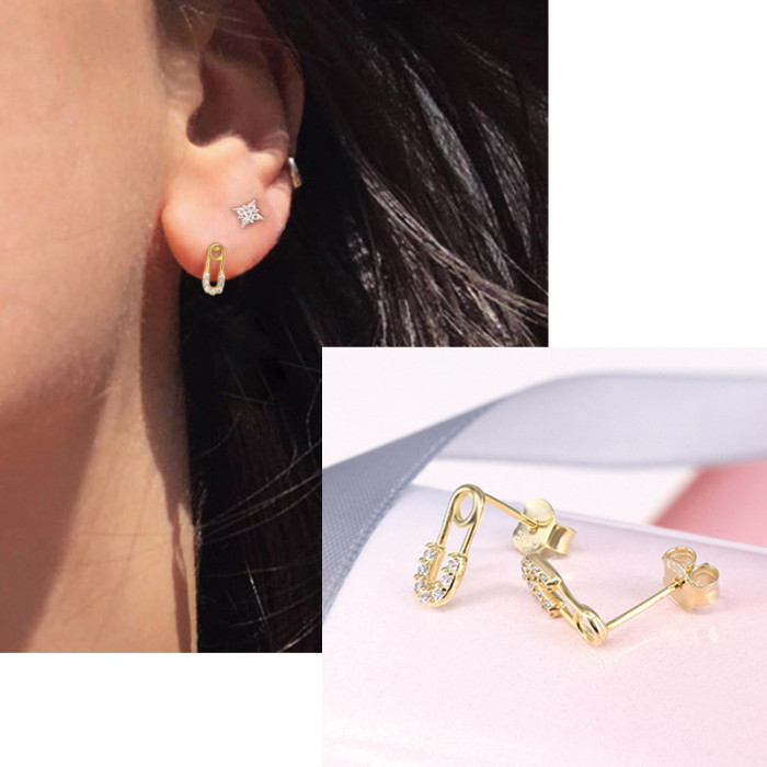 S925 Sterling Silver Unique Pin Earrings Exclusive Creative Fashion Stone-Studded Pin Earrings Ear Clips Women's Je...