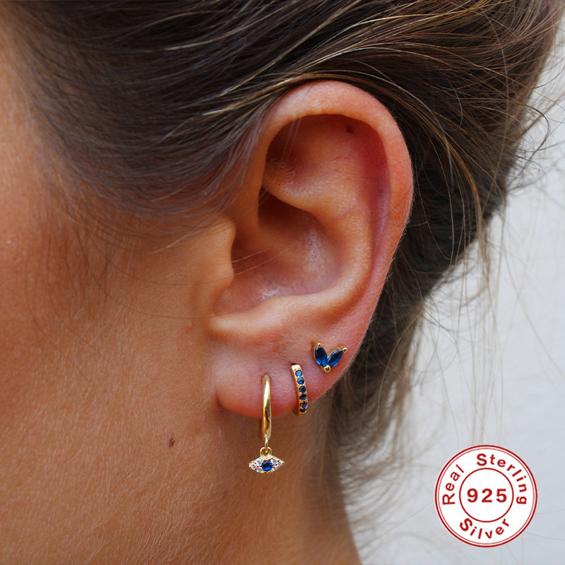 S925 Sterling Silver Devil's Eye Earrings Blue Diamond Hoop Earrings Stud Combination Set European and American Style K Gold Plated Earrings