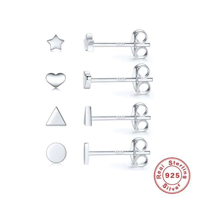 S925 Sterling Silver INS Personality Mini Smooth Geometric Earrings Star Heart Triangle Round Set of 4 Small Earrings...
