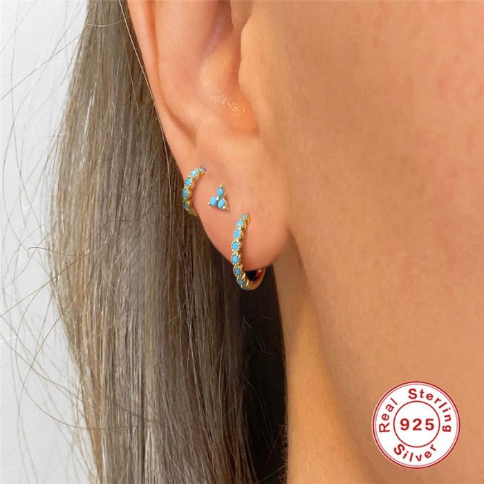 S925 Sterling Silver Turquoise Hoop Earrings Triangle Stud Earrings Set TikTok Trend Exquisite Earrings for Women, Je...