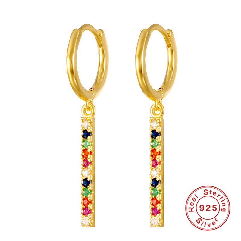 S925 Sterling Silver Rainbow Bar Shaking Earrings Export Hot Selling INS Geometric Simple Fashion Colorful Diamond Hoop Earrings