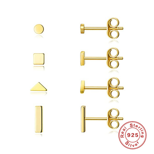 S925 Sterling Silver Mini Smooth Geometric Stud Earrings Square Triangle Round Set Small Earrings Japanese and Korean Style Elegant Women's Earrings