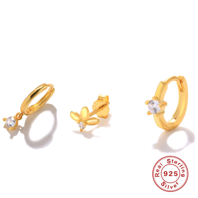 S925 Sterling Silver Single Diamond Personality Earrings Hoop Set Japanese and Korean Style Elegant Personality K Gold Plated Light Luxury Women's Earrings Jewelry