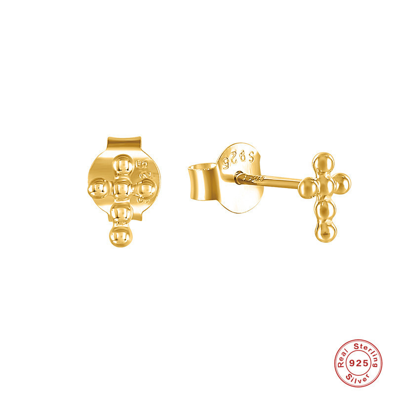 S925 Sterling Silver Cross Bead Stud Earrings Japanese and Korean Fashion Simple INS Style Versatile Student Earrings Cross-Border Hot Item