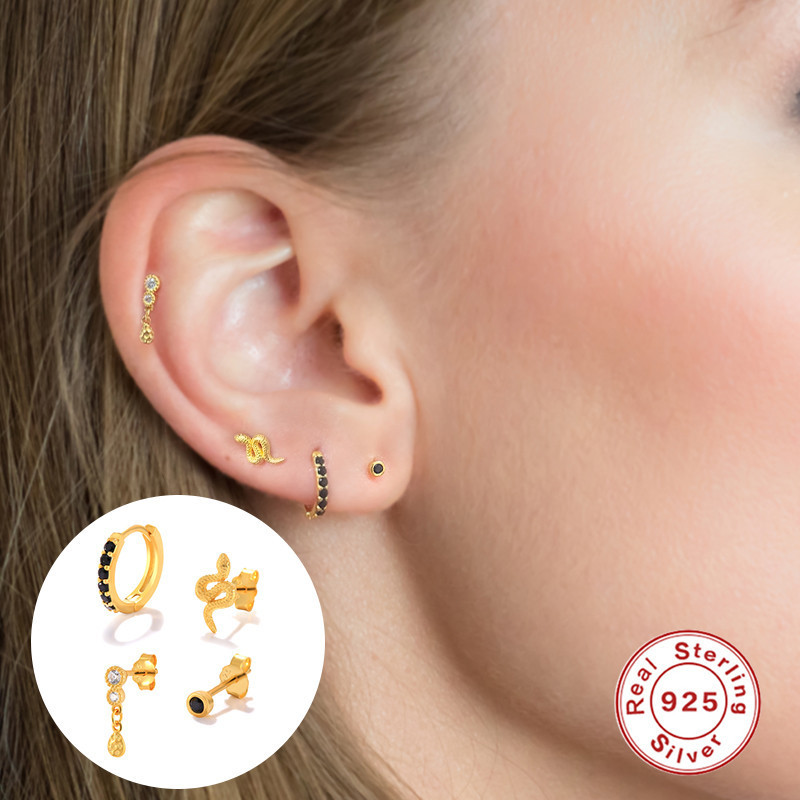 New S925 Sterling Silver Fun Little Snake Diamond-Studded Earrings Hoop Earrings Jewelry Set of 4 European and American INS Trendy Cool French Earrings