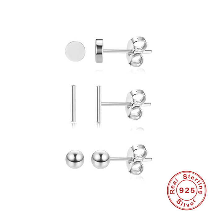 S925 Sterling Silver Mini Smooth Geometric Stud Earrings Square Triangle Round Set Small Earrings Japanese and Korean...