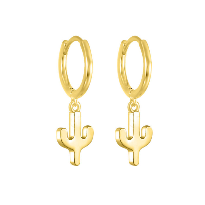 New S925 Sterling Silver Cactus Versatile Hoop Earrings Light Luxury Personality Simple Fashion Earrings Jewelry