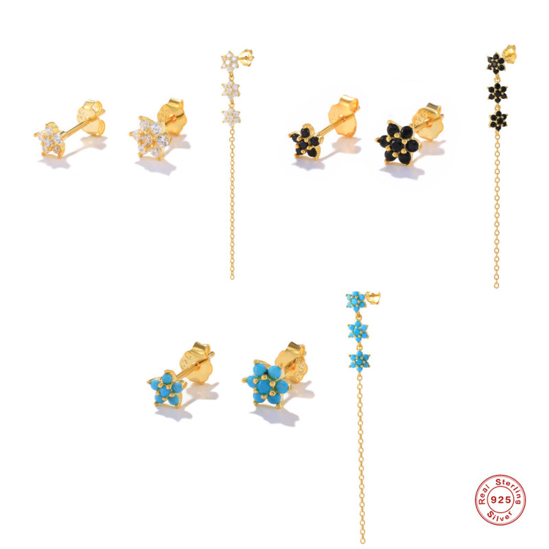 S925 Sterling Silver High-End Diamond-Studded Five-Pointed Star Earrings Ear Thread European and American INS Classic Creative Versatile Earrings Set