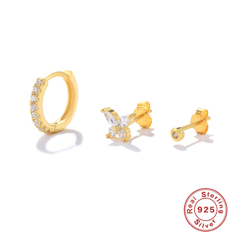 S925 Sterling Silver Inlaid Diamond Butterfly Flower Earrings Hoop Earrings Jewelry Set Korean Version INS Minimalist Exquisite Earrings