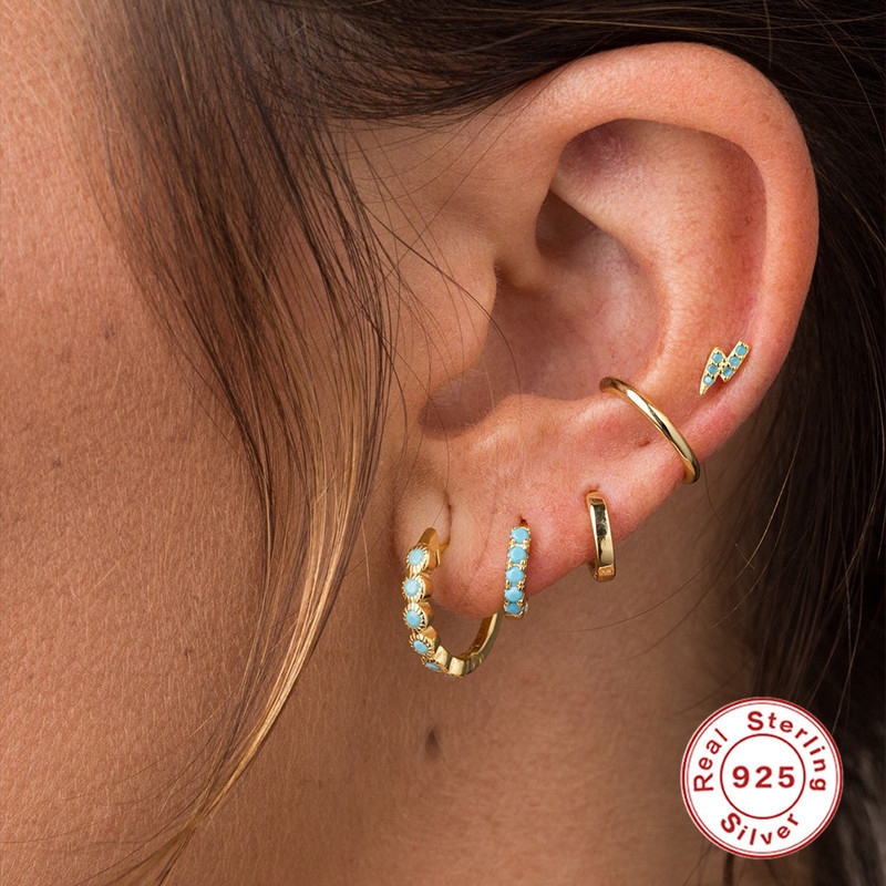 S925 Sterling Silver Turquoise Hoop Earrings Non-Pierced Ear Clips Lightning Stud Earrings European and American Hot-Selling French Style Earrings Set