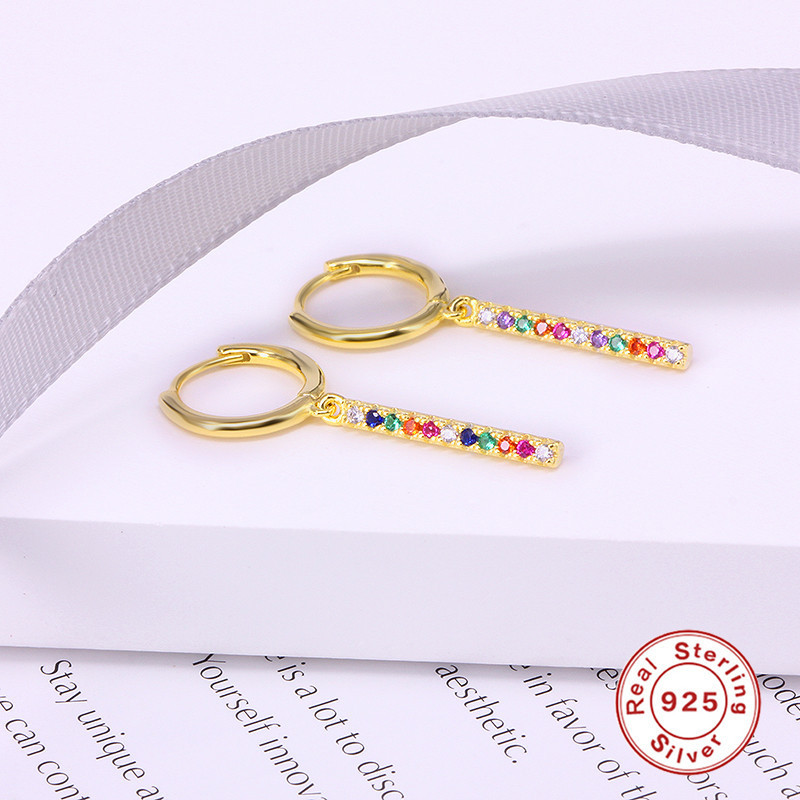 S925 Sterling Silver Rainbow Bar Shaking Earrings Export Hot Selling INS Geometric Simple Fashion Colorful Diamond Hoop Earrings