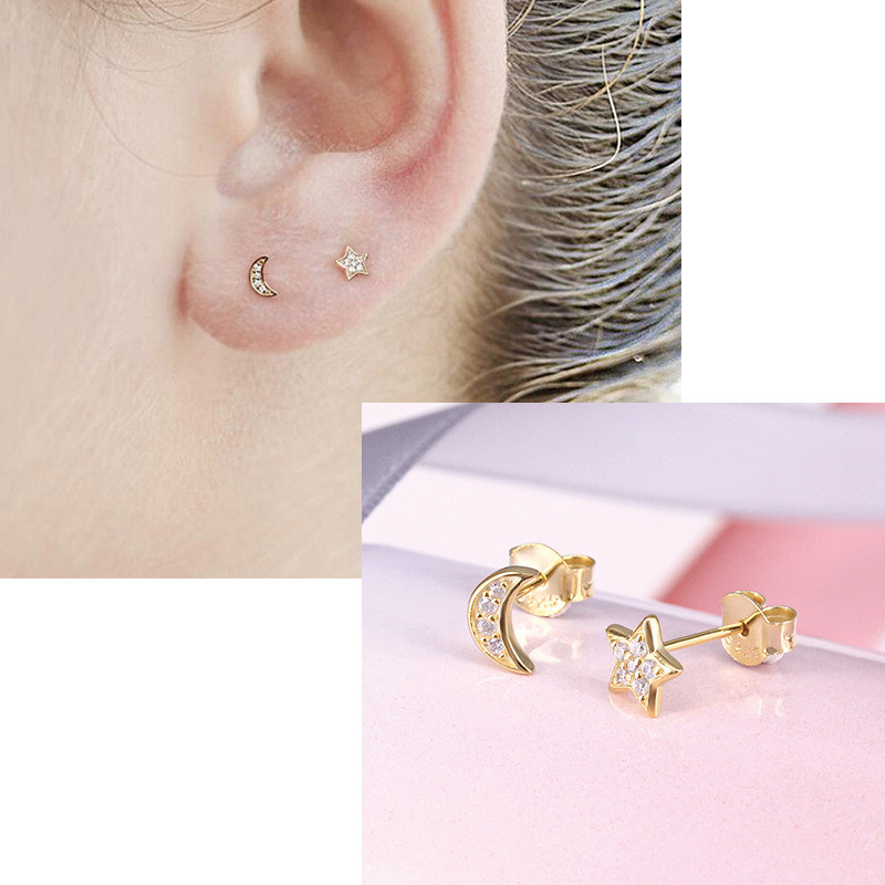 S925 Sterling Silver Star Moon Earrings Creative Fashion Simple Ins Style Earrings One Piece Dropshipping Ins Trend