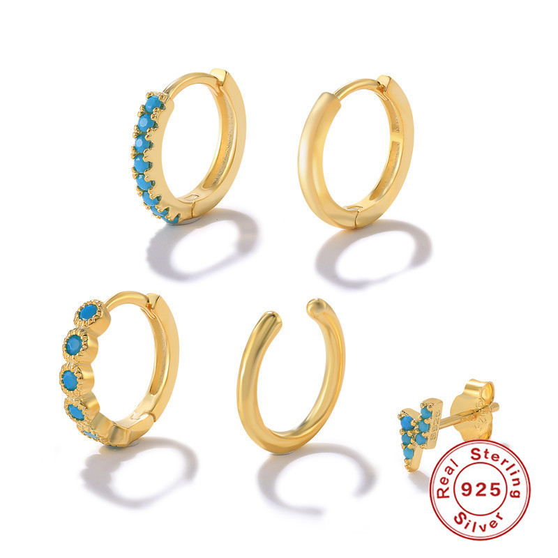 S925 Sterling Silver Turquoise Hoop Earrings Non-Pierced Ear Clips Lightning Stud Earrings European and American Hot-Selling French Style Earrings Set