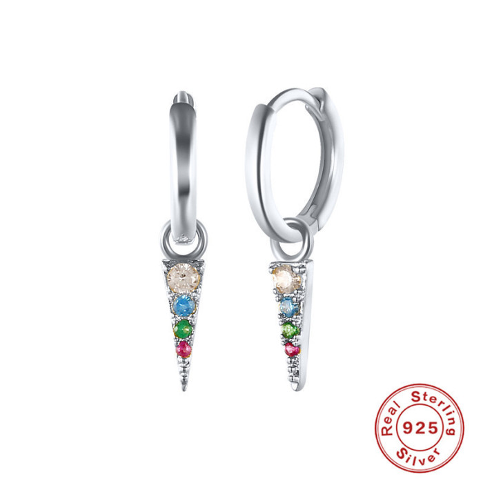 S925 Sterling Silver Tassel Triangle Earrings INS Style Geometric Personality Minimalist Colorful Diamond Long Triangle Silver Earrings Ear Clips